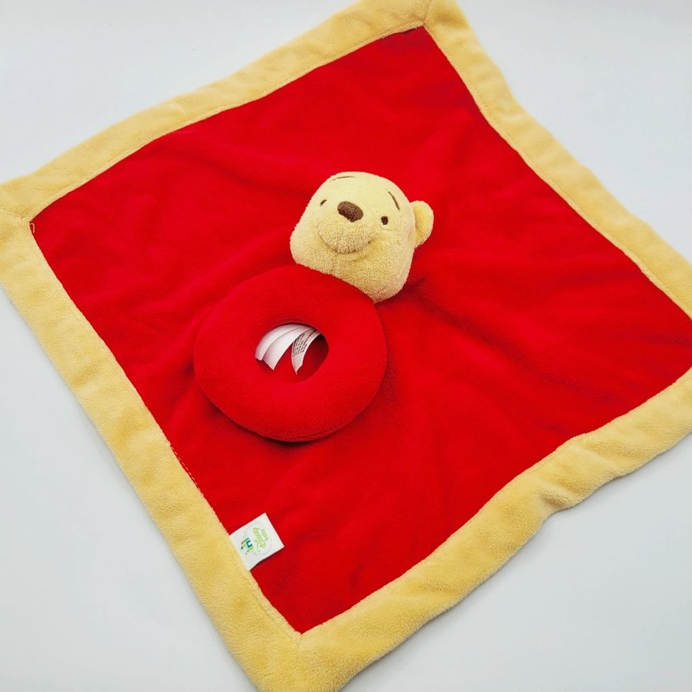 Disney Baby Red Winnie the Pooh Rattle Lovey Security Blanket Infant Plush Toy